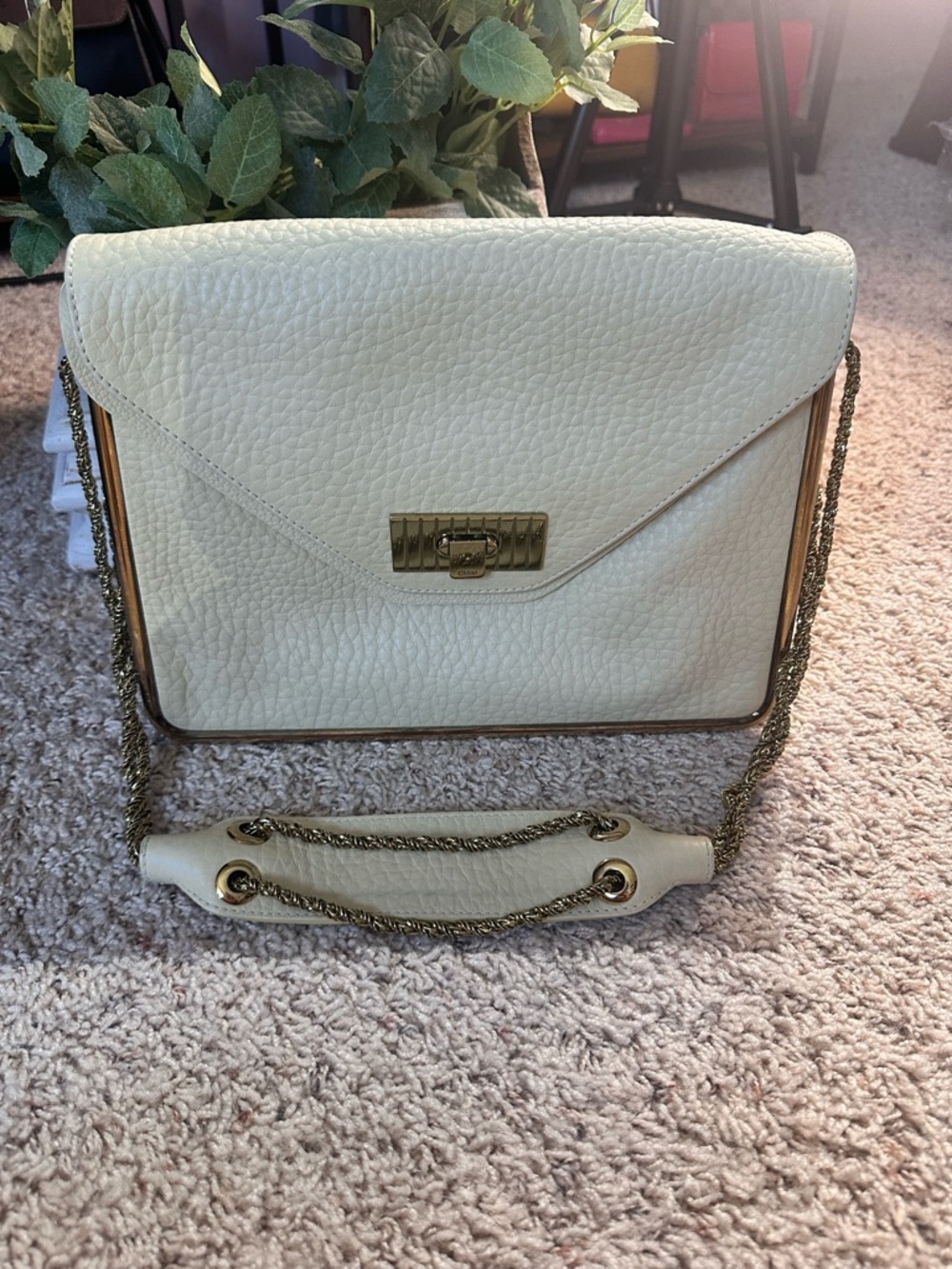 Chloe Cream Leather Shoulder Bag with Gold Chain